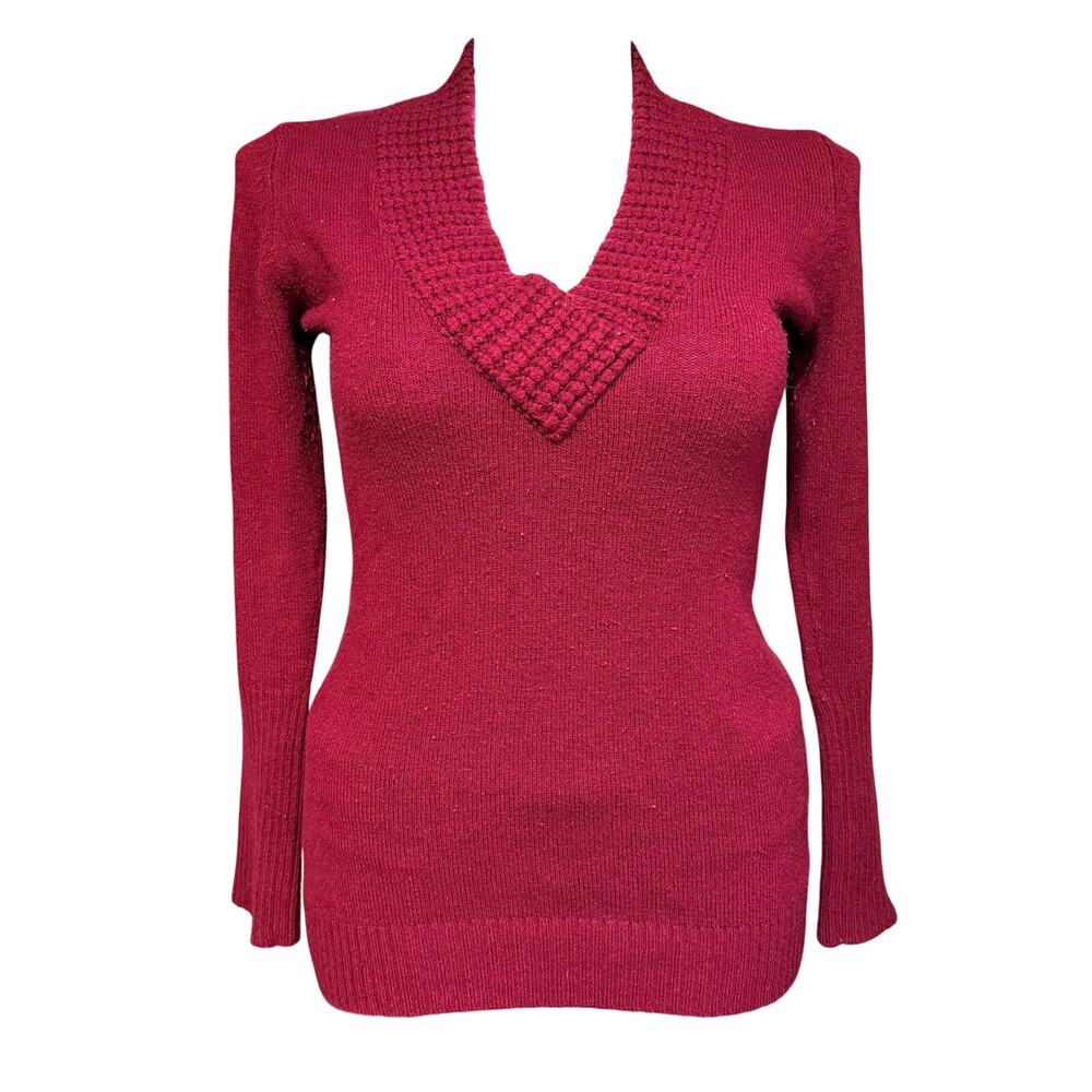 Y2K Its Our Time Womens Tunic Sweater Pullover Knit V Neck Dark Wine Red Large